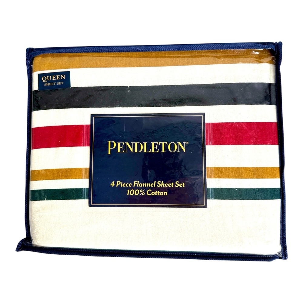 Pendleton Queen Flannel Sheet Set 4 Piece 100% Cotton Ivory Multi Stripe NEW